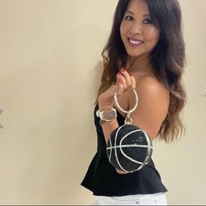 Small Black Silver Basketball Rhinestone Crystal Clutch Wristlet Purse Sports